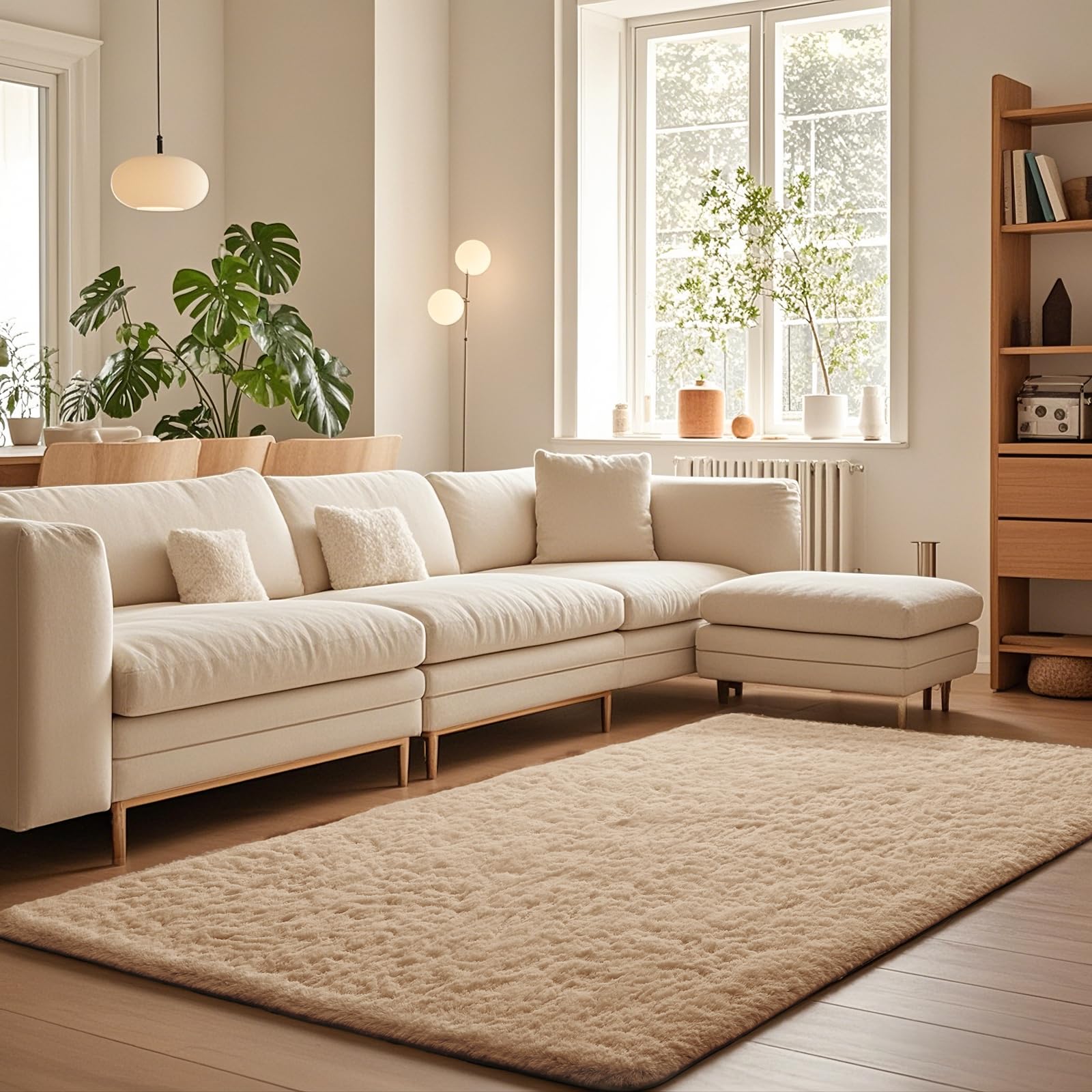 Ophanie Beige Rugs for Living Room Bedroom, 5x8 Fluffy Fuzzy Furry Carpet, Plush Soft Shaggy Bedside Indoor Floor Area Rug for Kids Nursery Home Decor with Over 999 pcs Non-Slip Backing Pattern