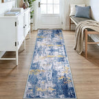 Washable Area Rugs 3x9 Non-Slip Modern Abstract Soft for Living Room Entryway Bedroom Nursery, Print Pattern, Grey Blue Gold/Golden