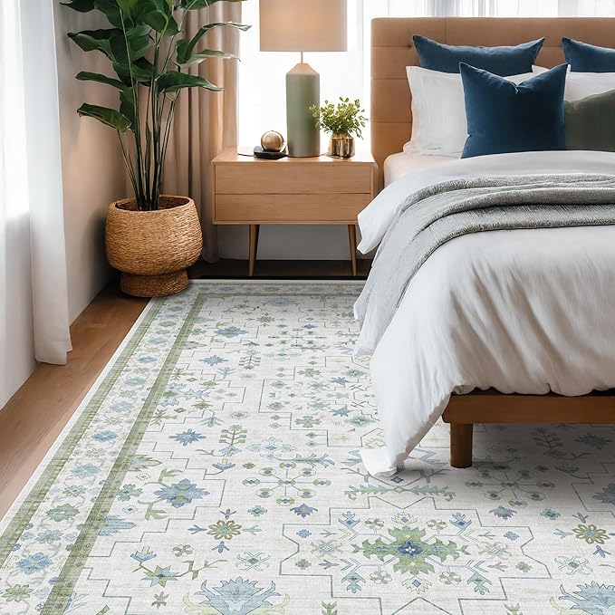 Hazo Haus Blue and Green Living Room Rug 8x10 - Cream Oushak Vintage Boho Floral Farmhouse, Washable Low Pile Non-Slip Extra Large Area Rugs for Bedroom, Girls, Boys, Playroom, Lounge