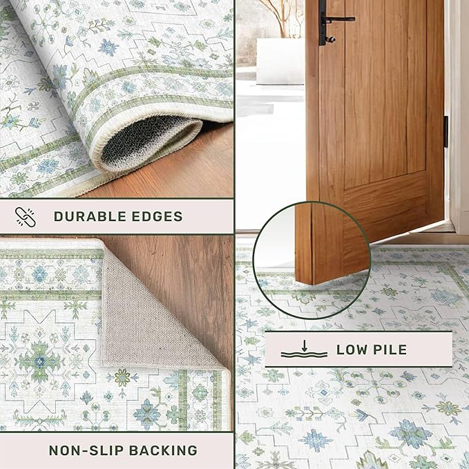 Hazo Haus Turkish 3x8 Wide Hallway Runner - Cream Green Oushak Boho Floral, Washable Low Pile Non Slip Stain Resistant Rug for Kitchen, Bathroom, Hall Way