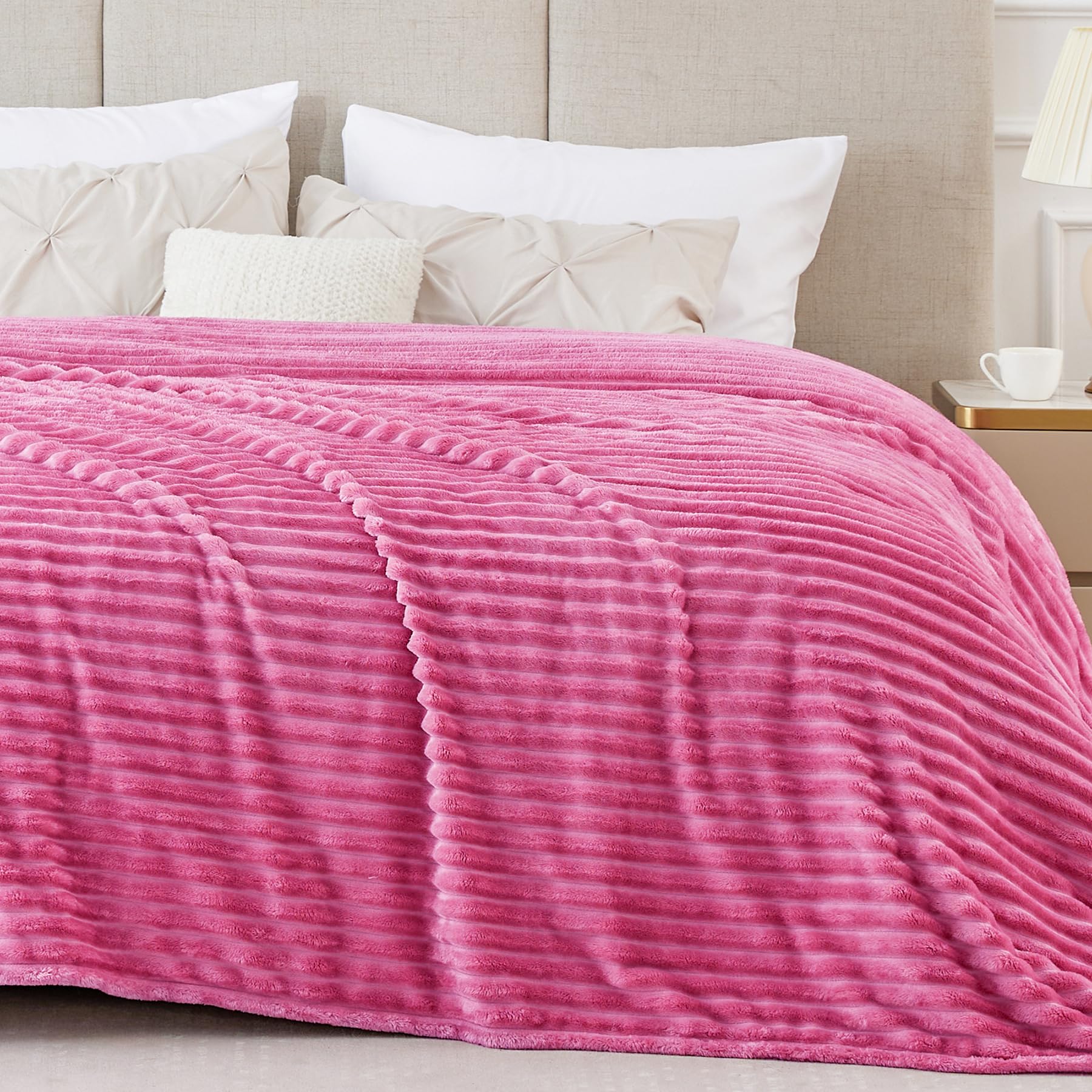 BEDELITE 3D Ribbed Jacquard Hot Pink King Size Blanket for Bed, 108x90 Inch