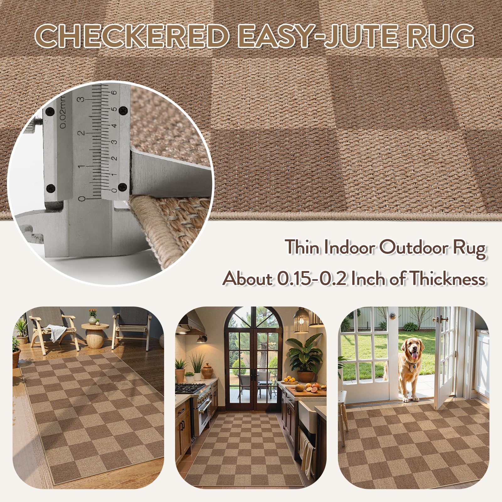 Lahome Checkered Easy Jute 3x5 Outdoor Rug, Washable Rugs for Entryway