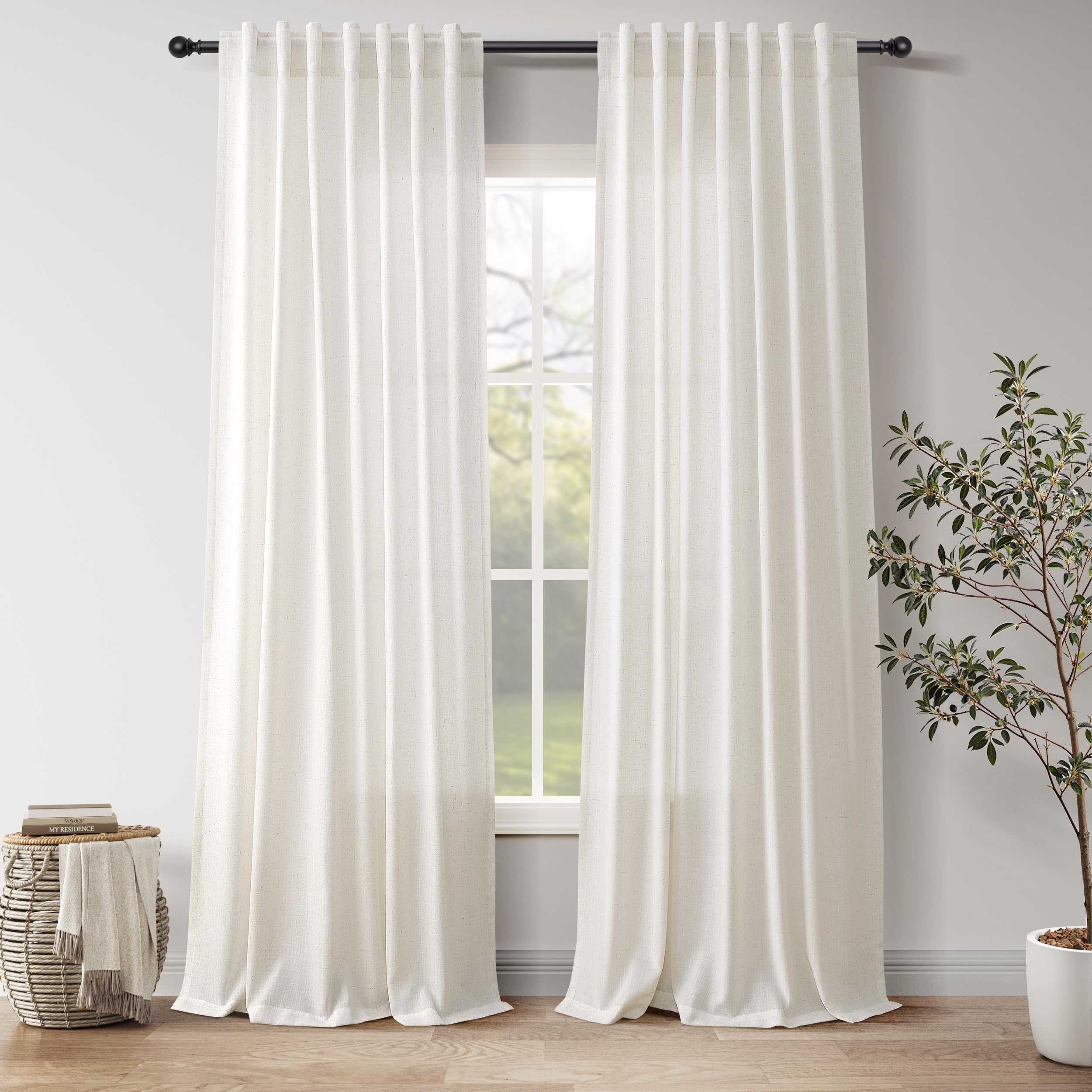 Nanspring Natural Linen Curtains 90 Inches Long for Living Room Country Semi Sheer Light Filtering Curtains Farmhouse Decor Boho Curtain for Bedroom Back Tab and Rod Pocket 52x90, 2 Panels