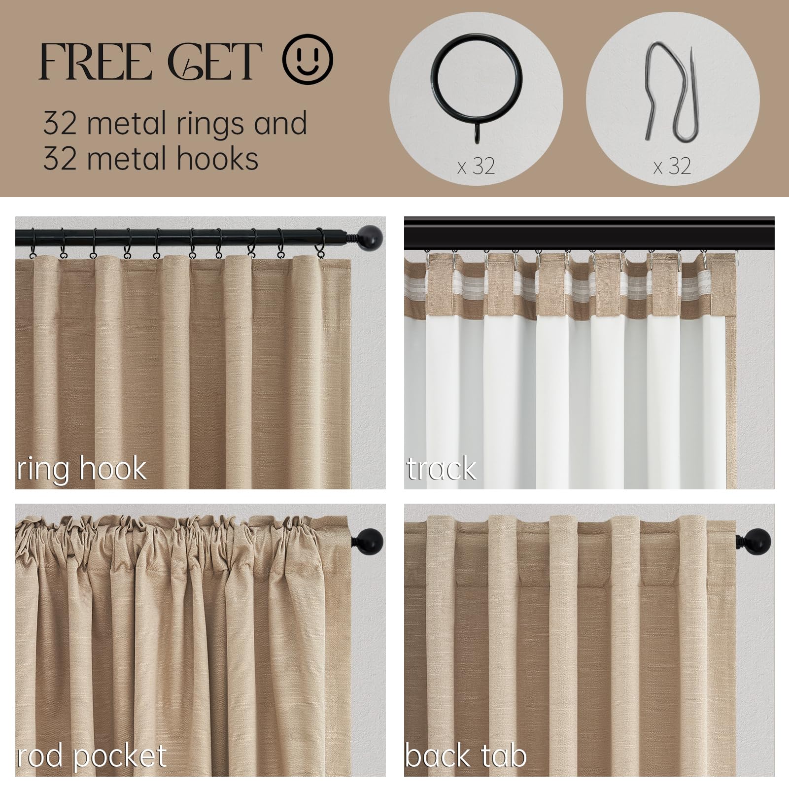 Topfinel 94 Inch Long Blackout Curtains for Bedroom Living Room Linen Textured Farmhouse Room Darkening/Thermal/Noise Reduction Window Treatment Drapes with Hooks 2 Panels, Camel Taupe