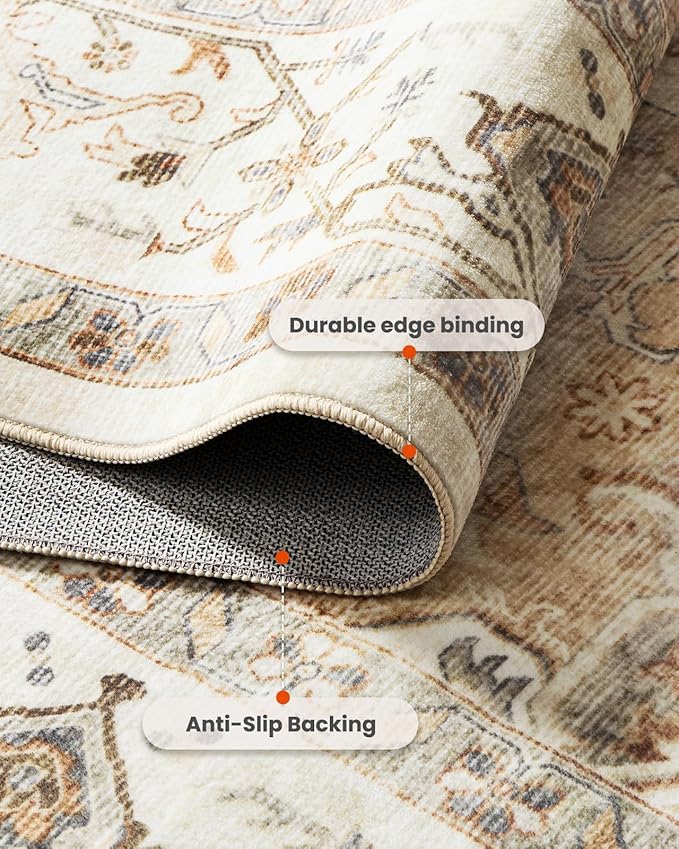 AMADA HOMEFURNISHING 10x14 Washable Area Rug, Low-Profile Large Area Rug with Non-Slip Backing & Durable Edge Binding, Vintage Large Rugs for Living Room, Bedroom & Dinning Room