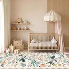 Hallway 4x10 Washable Area Rugs: Indoor Floral Scalloped Rug for Kitchen Entryway Farmhouse Nursery Bathroom Soft Carpet with Non Slip Backing Water Resistant Thin Laudry Floor Mat (4x10,Cream)