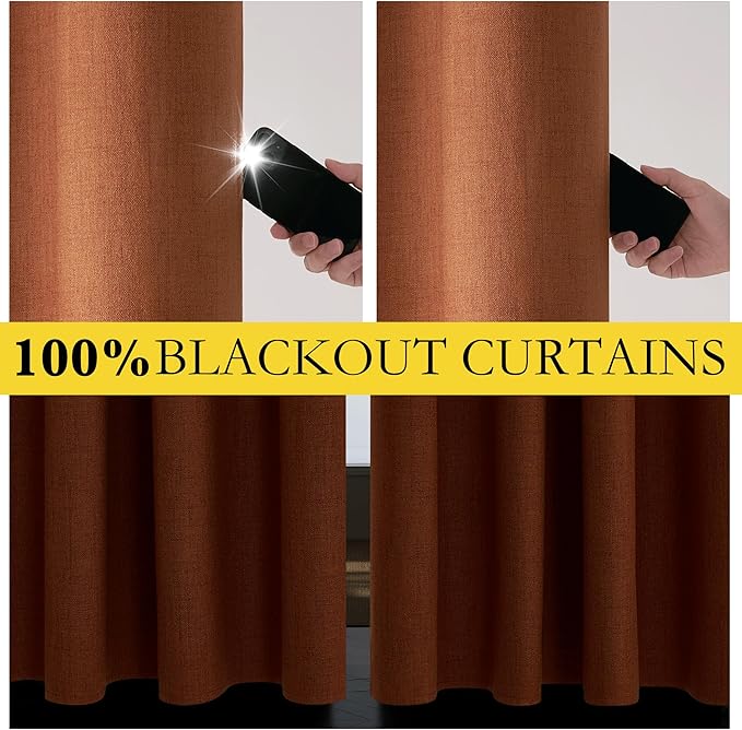 NICETOWN 100% Absolutely Blackout Linen Curtains with Thermal Insulated Liner, Terracotta, 52" Wide, 2 Panels, 63 inches Long Drapes, Grommet Retro Linen Curtains Vertical Drapes Privacy for Bedroom