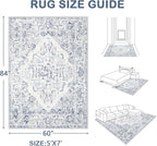 5x7 Area Rugs for Living Room: Washable Rug Vintage Large Rugs Soft Non Slip Low Pile Rug Floral Distressed Floor Carpet for Bedroom Kitchen Nursery Dining Room Home Office (Blue, 5'x7')
