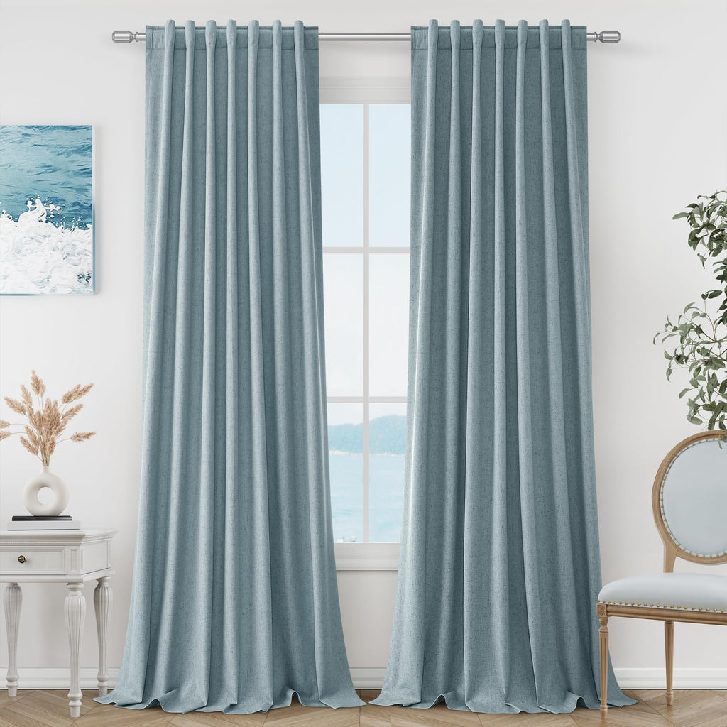 Guken Blue 100% Blackout Linen Curtains 84 Inch Length 2 Panels Set for Living Room Bedroom Back Tab Thermal Insulated Black Out Drapes Room Darkening Window Curtains 84 Inches Long Dusty Blue