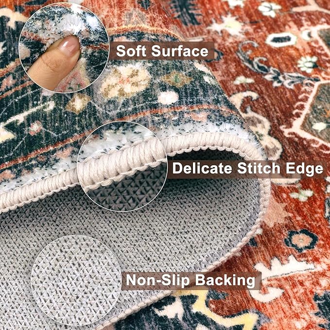 Yamaziot Washable Runner Rug, 3x8 Non-Slip Boho Vintage Hallway Rug with Rubber Backing, Low Pile Faux Wool Distressed Carpet Runner for Bedroom, Kitchen, Laundry, Entrance