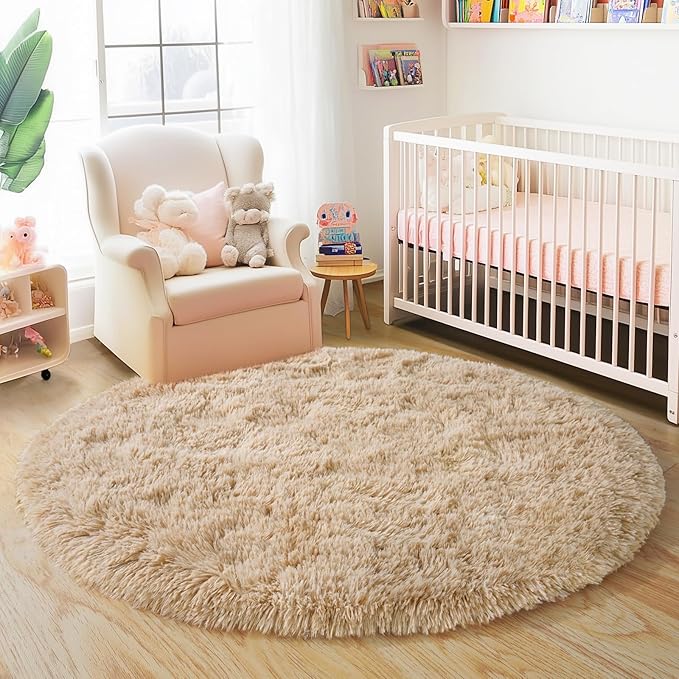 Quntue 6‘x6’ Beige Round Rug for Bedroom, Ultra Soft Fluffy Circle Rug for Kids Girls Boys Room, Cute Shag Rugs for Living Room Playroom Tent Castle Home Decor Rug