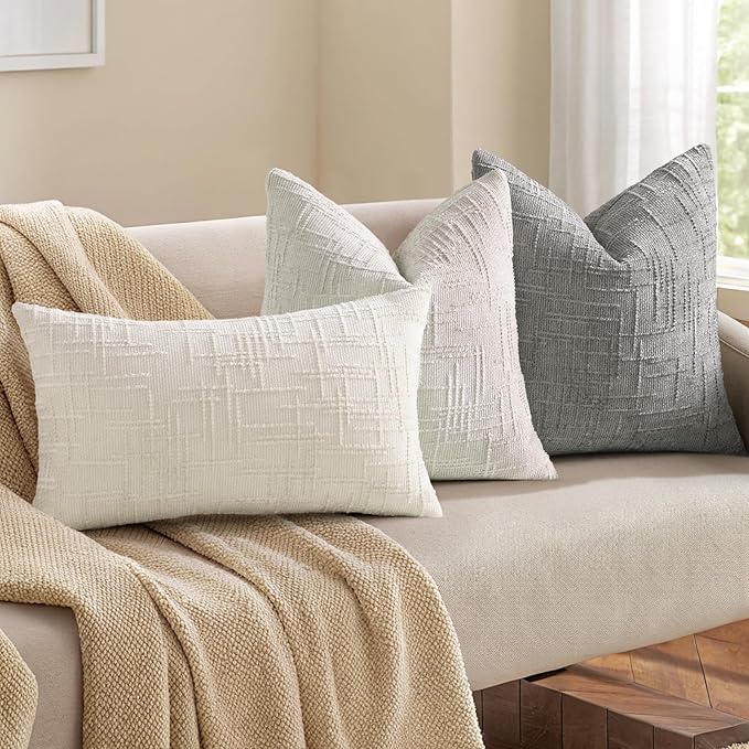decorUhome Textured Chenille Throw Pillow Covers 12x20 Set of 2 Cream White