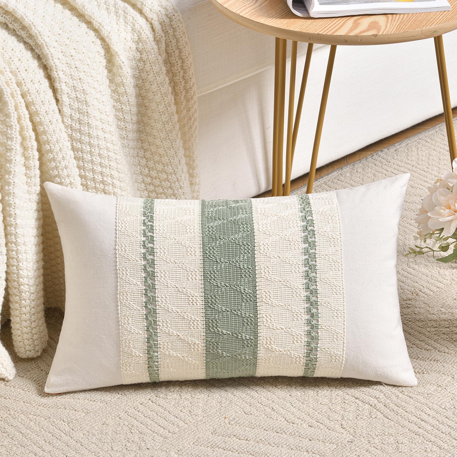Fancy Homi Set of 1 Sage Green Boho Lumbar Decorative Throw Pillow Covers 16x24 Inch for Living Room Bedroom Couch Bed Sofa, Rustic Retro Cushion Case, Bohemian Room Home Decor, Women Teen Girls Gift