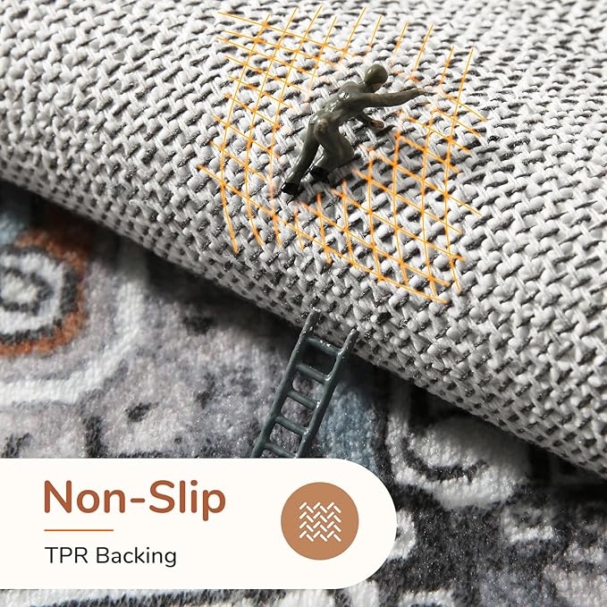 OPPODREAM Soft 10x14 Area Rugs, Washable Rugs 10x14 with Non Slip Backing, Low-Pile Faux Cashmere 10 x 14 Carpet, Grey & Teal & Yellow