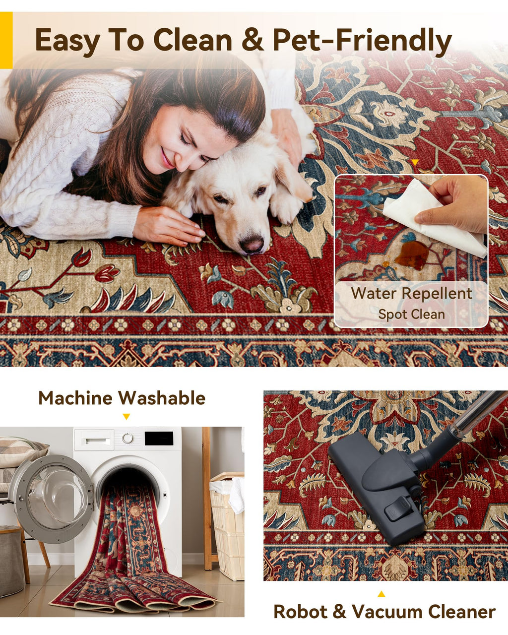 RELEANY Washable Area Rug, 8'x10', Red/Blue