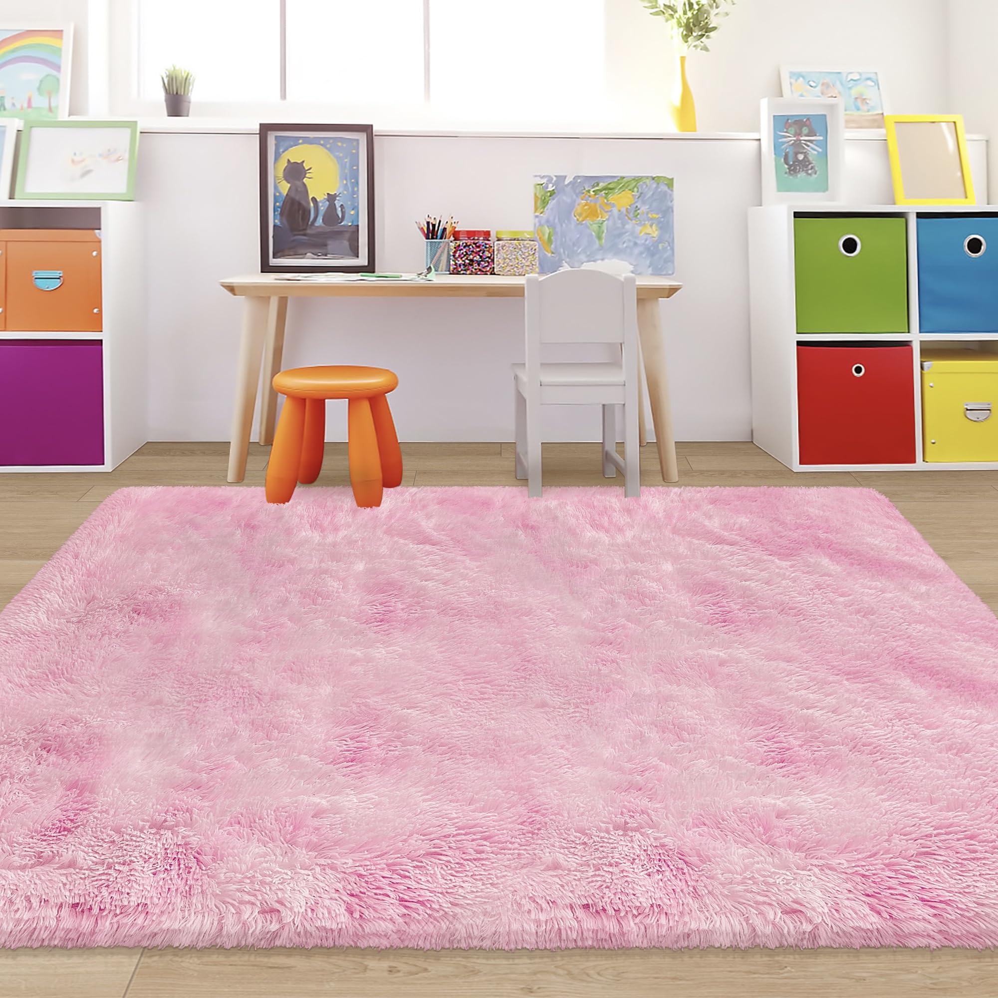 JiaoBaba Tie-Dye Pink Fluffy Rug for Bedroom 4x6ft Soft Shag Area Rug Mat Bedside Throw Rug for Living Room Kids Room Boys Teens Nursery Baby Dorm Office Home Decor Aesthetic Carpets