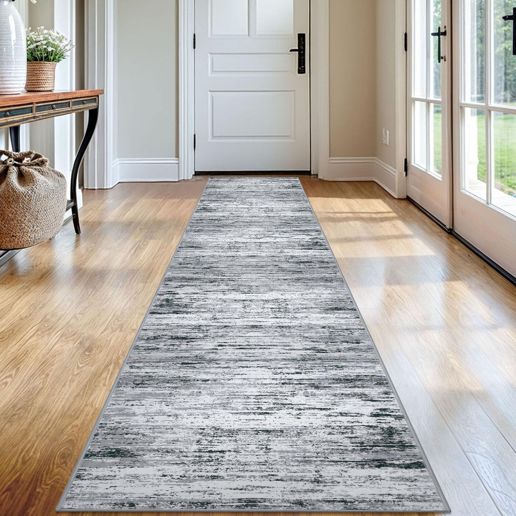 Lansny Modern Abstract Runner Rug 2x12, Black Grey White Washable Long Kitchen Runner Non-Slip Soft Hallway Rug Runner Thin Print Faux Wool Carpet for Entryway Bedroom Laundry Room Indoor Home Decor