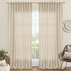 LAMIT Extra Wide Linen Curtains for Bedroom, Light Filtering Faux Linen Textured Panels Semi Sheer Back Tab and Rod Pocket Boho Drapes for Living Room, 2 Panels, Linen, 70 x 84 Inch