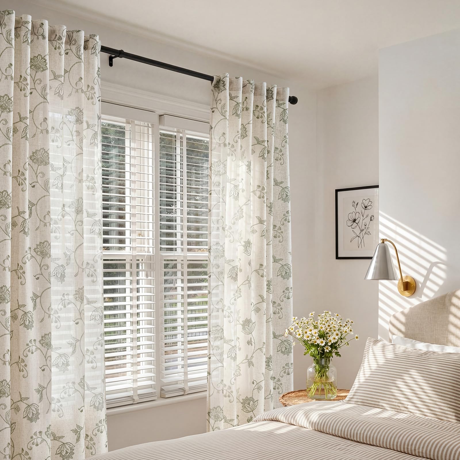jinchan Linen Curtains Floral Curtain 84 Inch Length for Living Room Bedroom Light Filtering Rod Pocket Back Tab Jacobean Curtains Flax Linen Texture Window Drapes Set 2 Panels Green on Linen