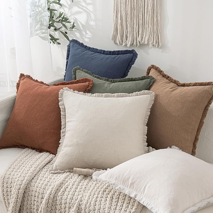 MIULEE Linen Fringe Decorative Euro Throw Pillow Covers Indigo Blue 26x26
