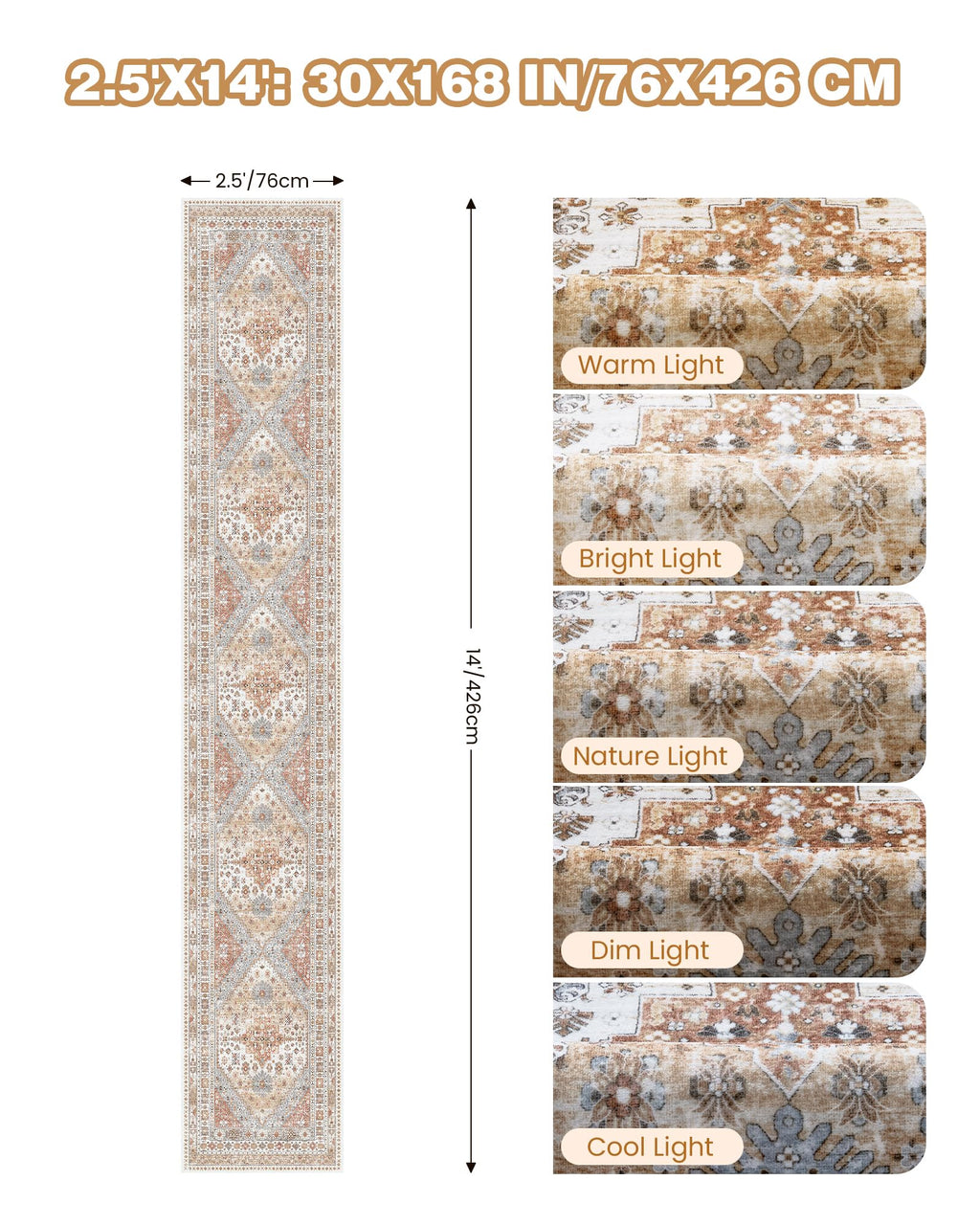 Restydon Washable Runner Rug 2.5x14, Long Kitchen Rugs Non-Slip, Orange