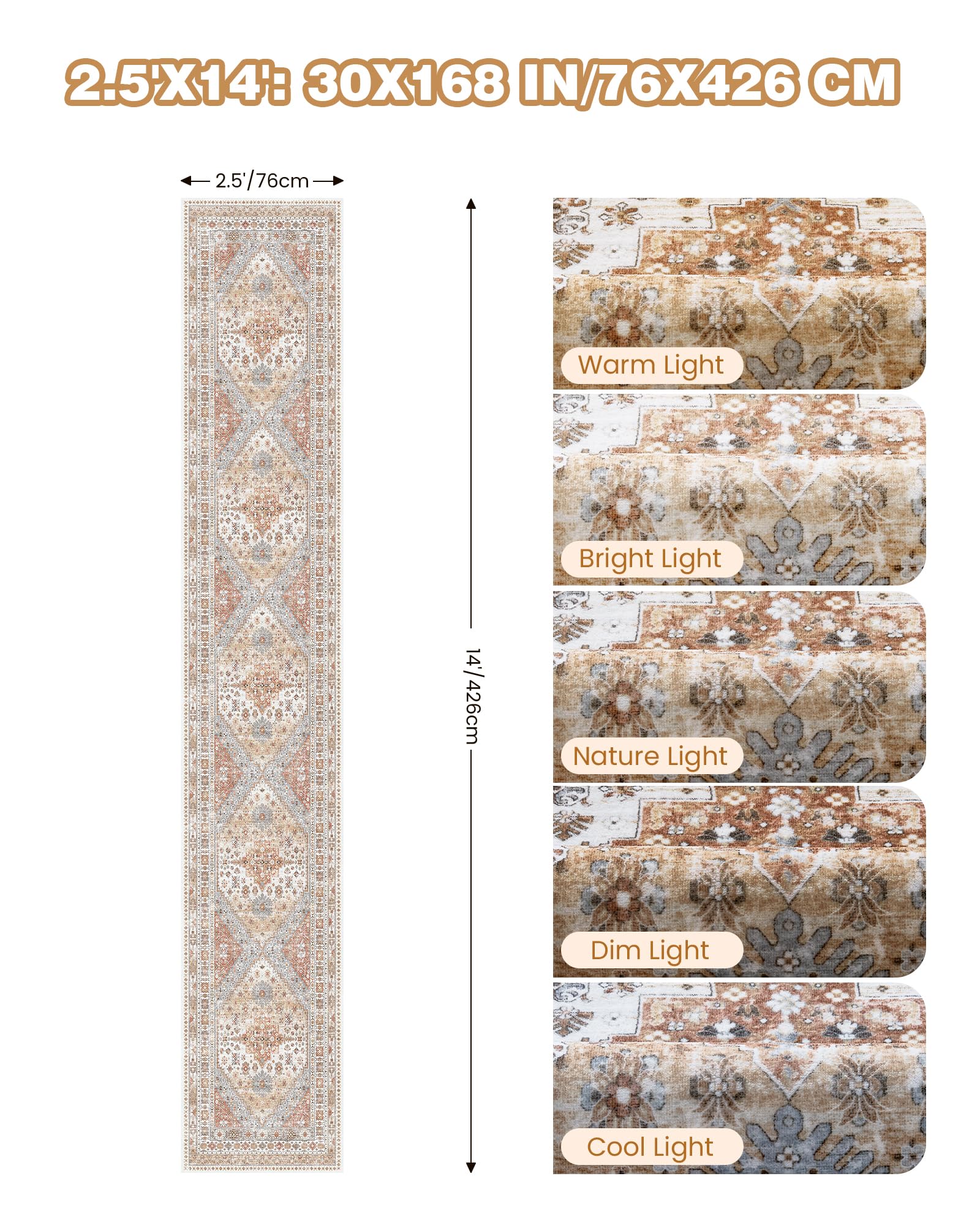 Restydon Washable Runner Rug 2.5x14, Long Kitchen Rugs Non-Slip, Orange