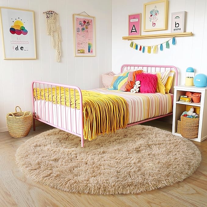 Quntue 6‘x6’ Beige Round Rug for Bedroom, Ultra Soft Fluffy Circle Rug for Kids Girls Boys Room, Cute Shag Rugs for Living Room Playroom Tent Castle Home Decor Rug