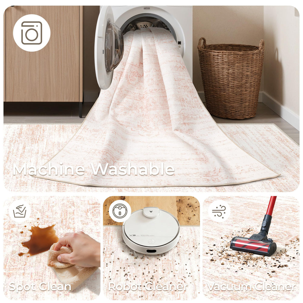 Restydon 2x12 Runner Rug, Long Hallway Rugs for Dining Room, Living Room, Bedroom, Machine Washable Kitchen Carpet Runner with Rubber Backing, Soft Low Pile Indoor Rug(2'x12', Pink/White)