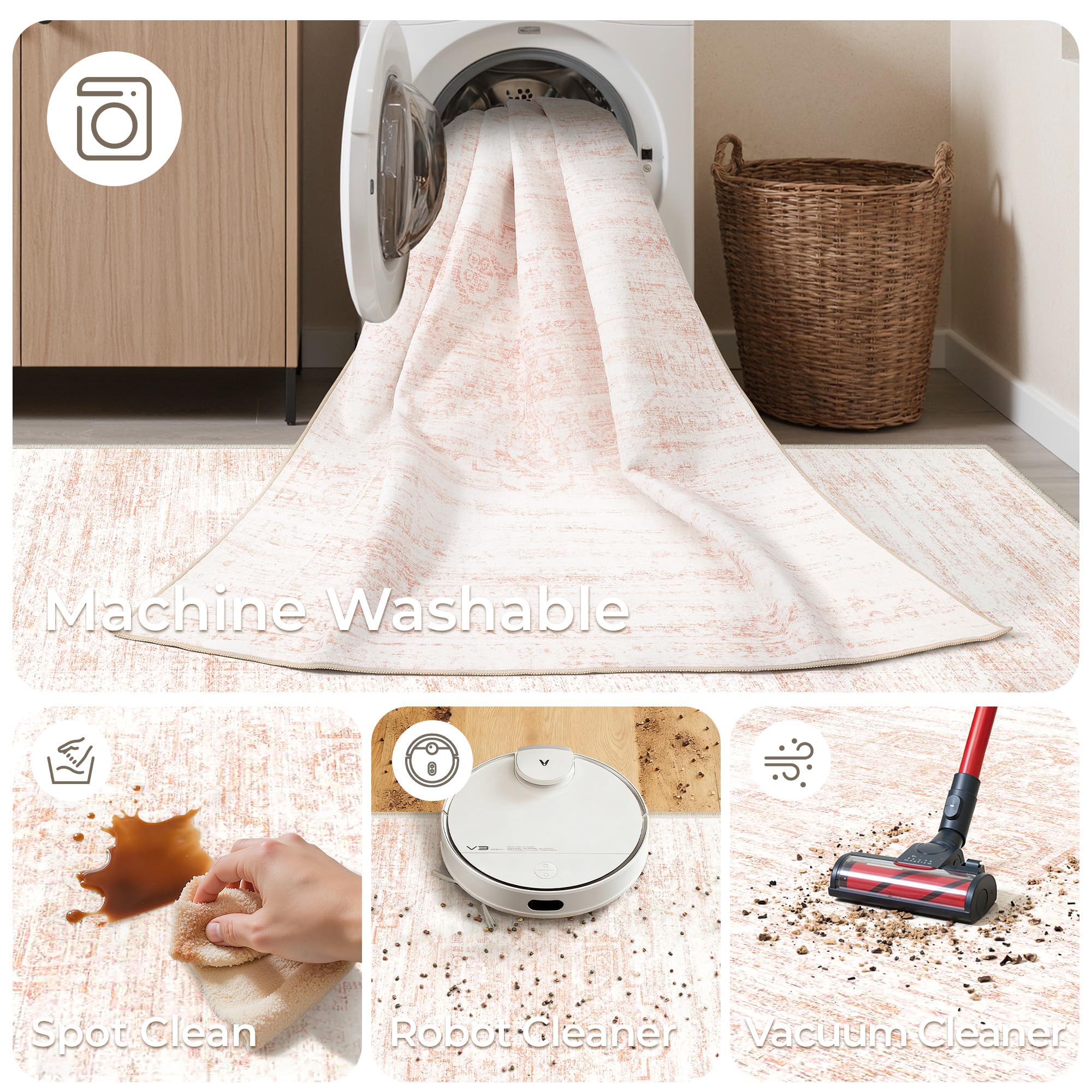 Restydon 2x12 Runner Rug, Long Hallway Rugs for Dining Room, Living Room, Bedroom, Machine Washable Kitchen Carpet Runner with Rubber Backing, Soft Low Pile Indoor Rug(2'x12', Pink/White)
