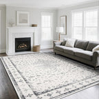 Washable Rugs 8x10 Area Rugs for Living Room,Rugs for Bedroom,Large Carpets,Ultra Soft Faux Wool Retro Dining Room Rug,Non Slip&Non-Shedding Low Pile Vintage Print Rug for Home Office-Grey