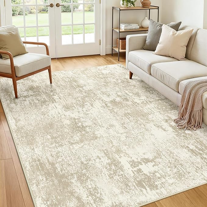 RELEANY Washable 6'x9' Abstract Area Rug for Living Room Cream Beige