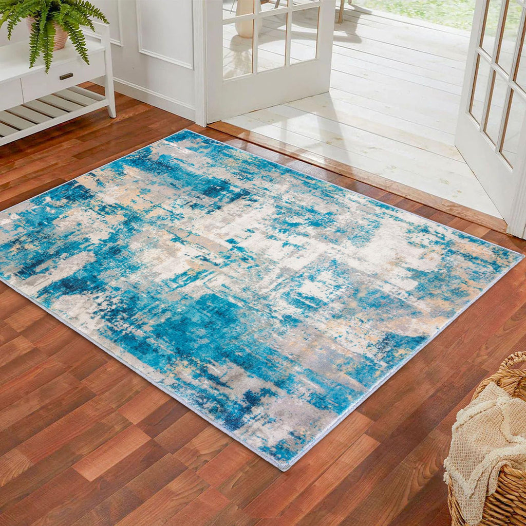 KOZYFLY Modern Abstract 3x5 Area Rug Washable Bedroom Rug Throw Entry Mat Non-Slip Stain Resistant Carpet Dining Room Rug with Soft Low Pile for Living Room Kitchen Office, Turquoise/Beige/Grey/Yellow