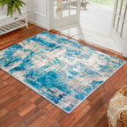 KOZYFLY Modern Abstract 3x5 Area Rug Washable Bedroom Rug Throw Entry Mat Non-Slip Stain Resistant Carpet Dining Room Rug with Soft Low Pile for Living Room Kitchen Office, Turquoise/Beige/Grey/Yellow