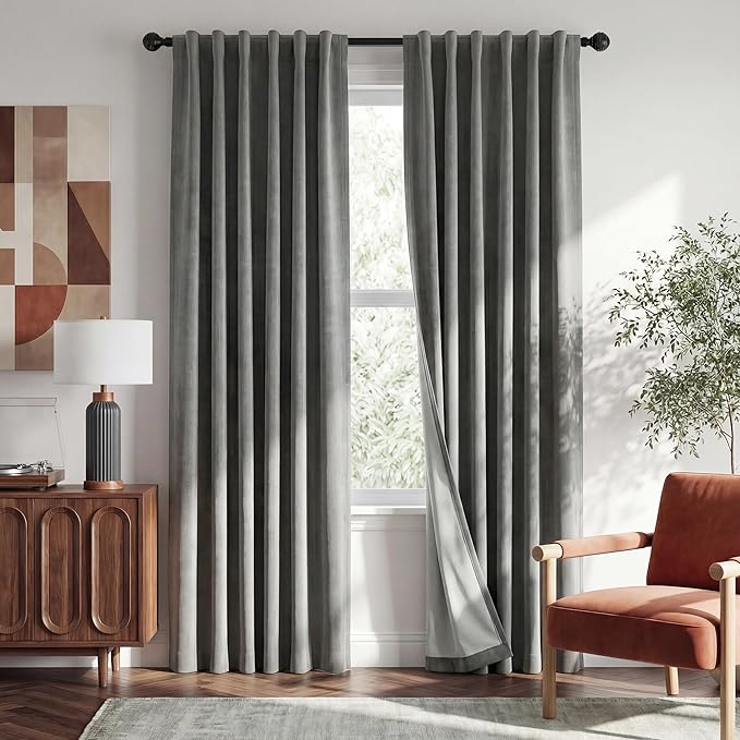 RYB HOME 100% Blackout Linen Textured Curtains 96 inches Long, Thermal Insulating Privacy Energy Saving for Bedroom Living Room Window Office Theater Baby Nursery, W 52 x L 96 in, Grey, 2 Panels