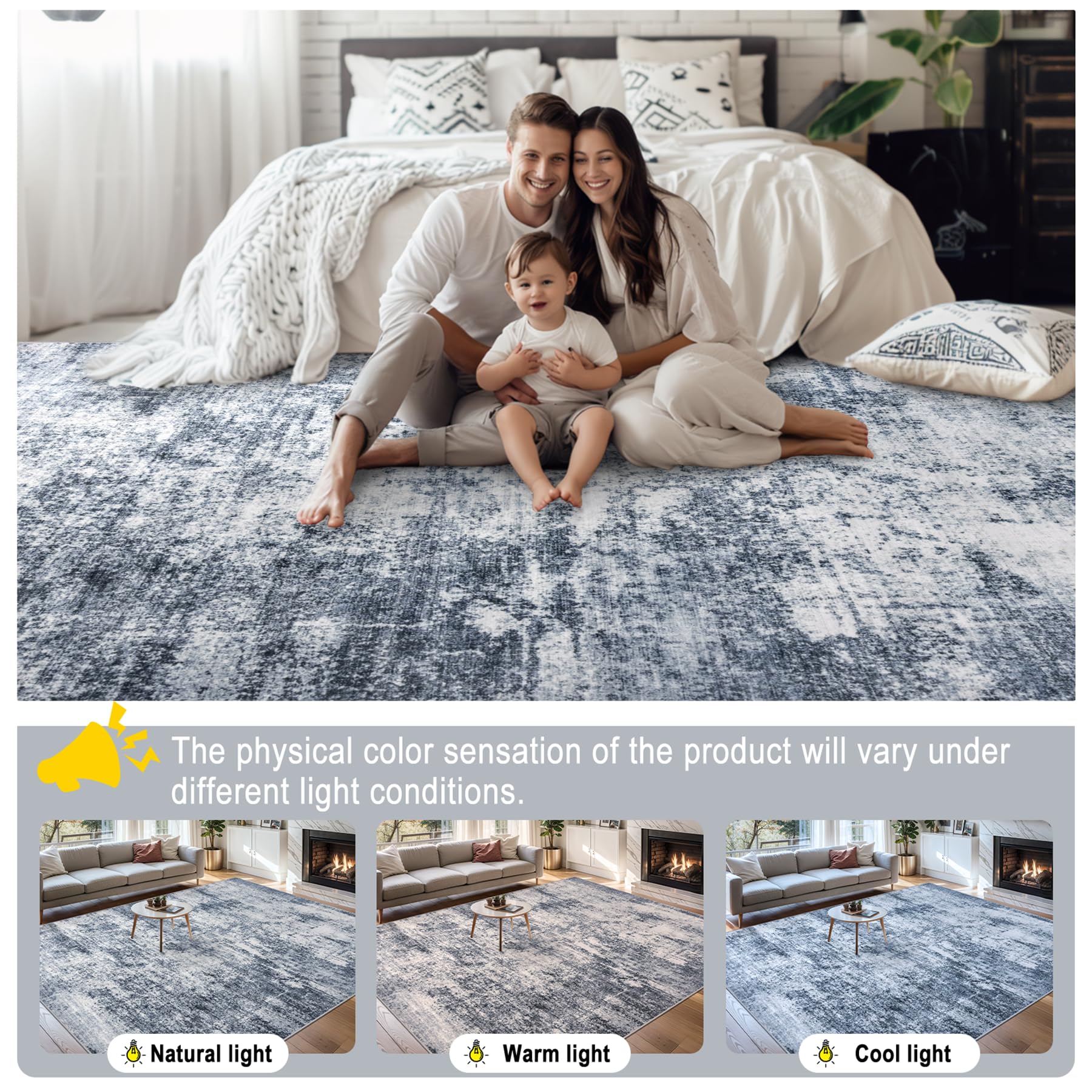 PLHXFR 8x10 Area Rug Living Room: Abstract Washable Carpet Grey Blue