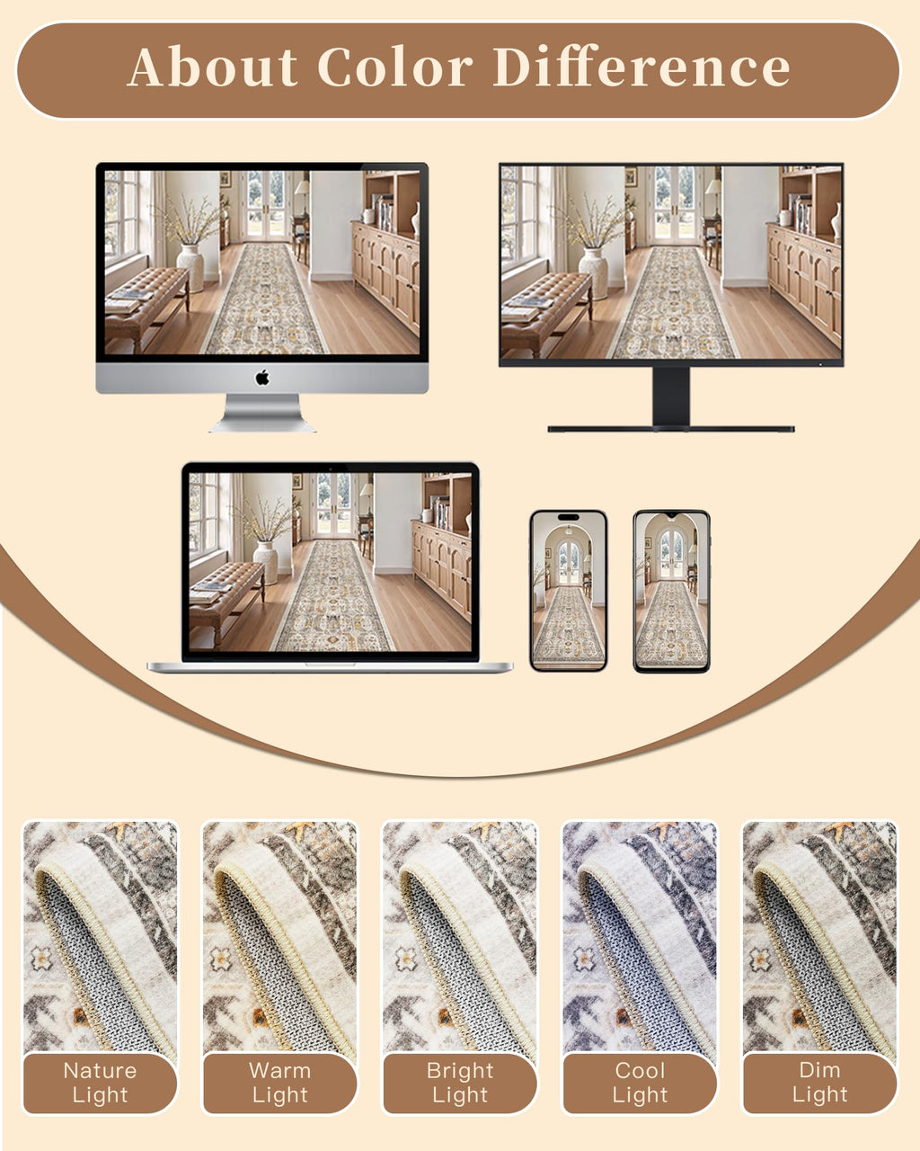 Madane Washable Runner Rug 3x6 Runners for Hallways Non Slip, Brown/Gold