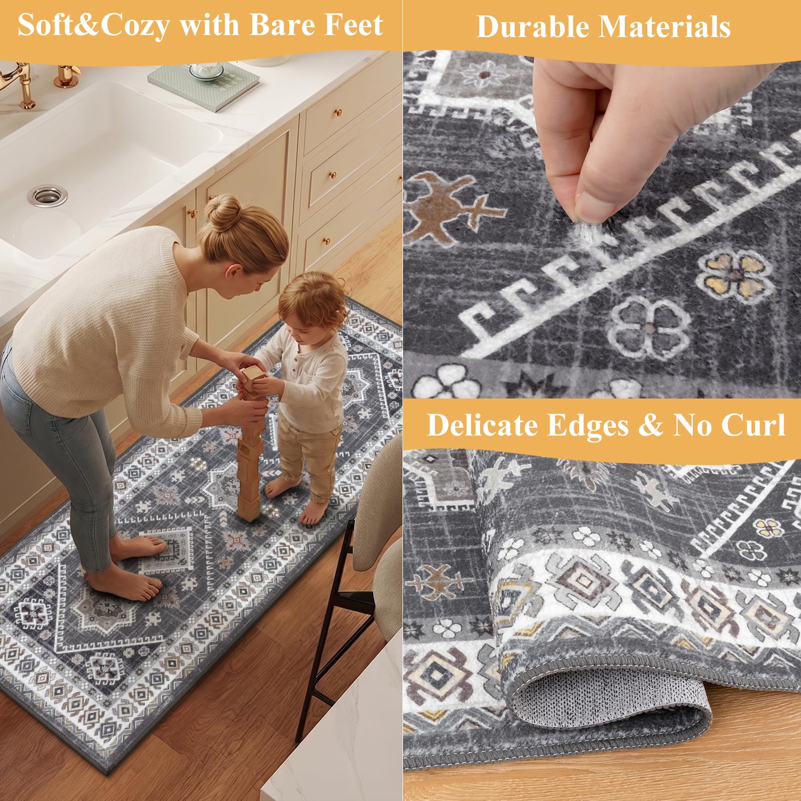 HEBE Boho Kitchen Rugs Set of 3, Non Slip Washable Kitchen Mats for Floor