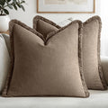 MIULEE Decorative Throw Pillow Covers Neutral Linen Fringe Throw Pillows Set of 2 Cocoa Brown Boho Farmhouse Cushion Covers for Couch Sofa Bed Living Room Spring Home Decor 20x20 Inch