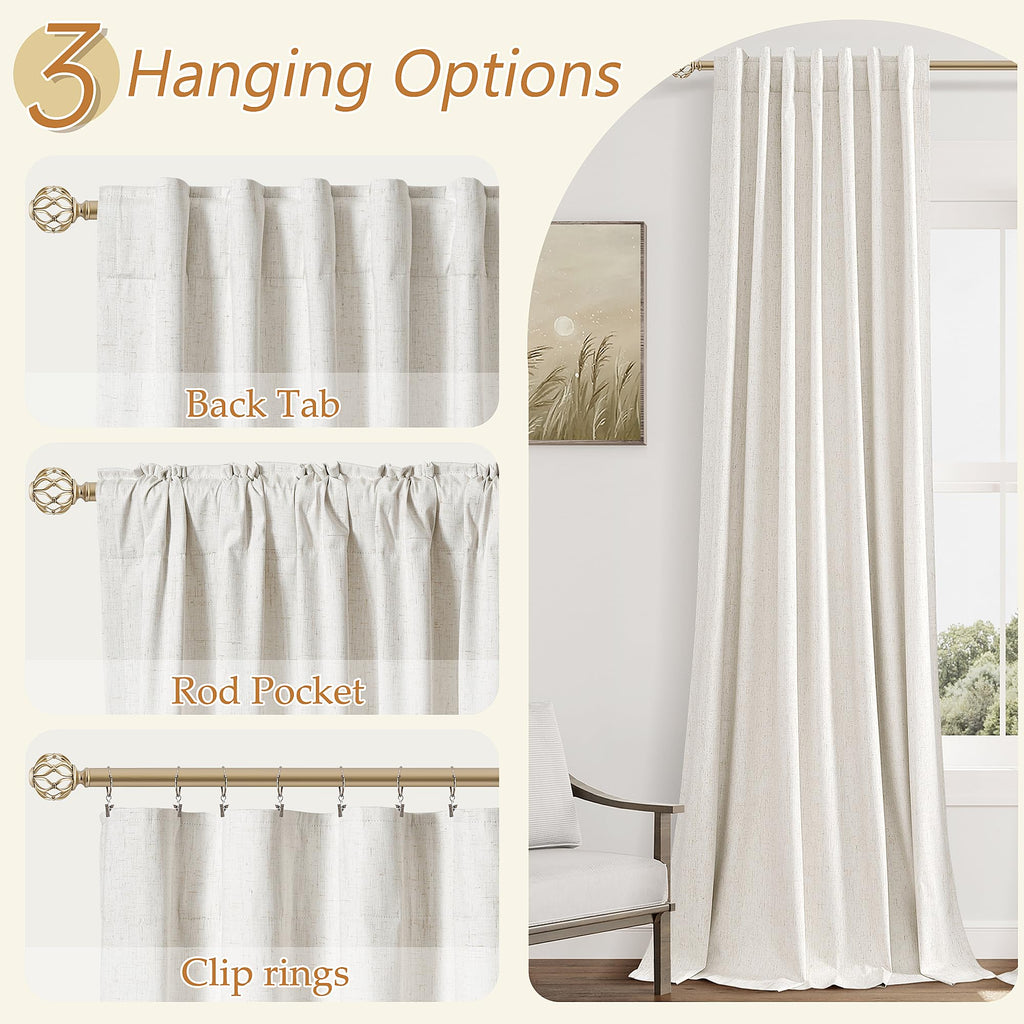 Beige White 100% Blackout Linen Curtains 84 Inch Length 2 Panels Set for Living Room Bedroom Back Tab Thermal Insulated Black Out Drapes Room Darkening Farmhouse Style for Bedroom Window Curtains