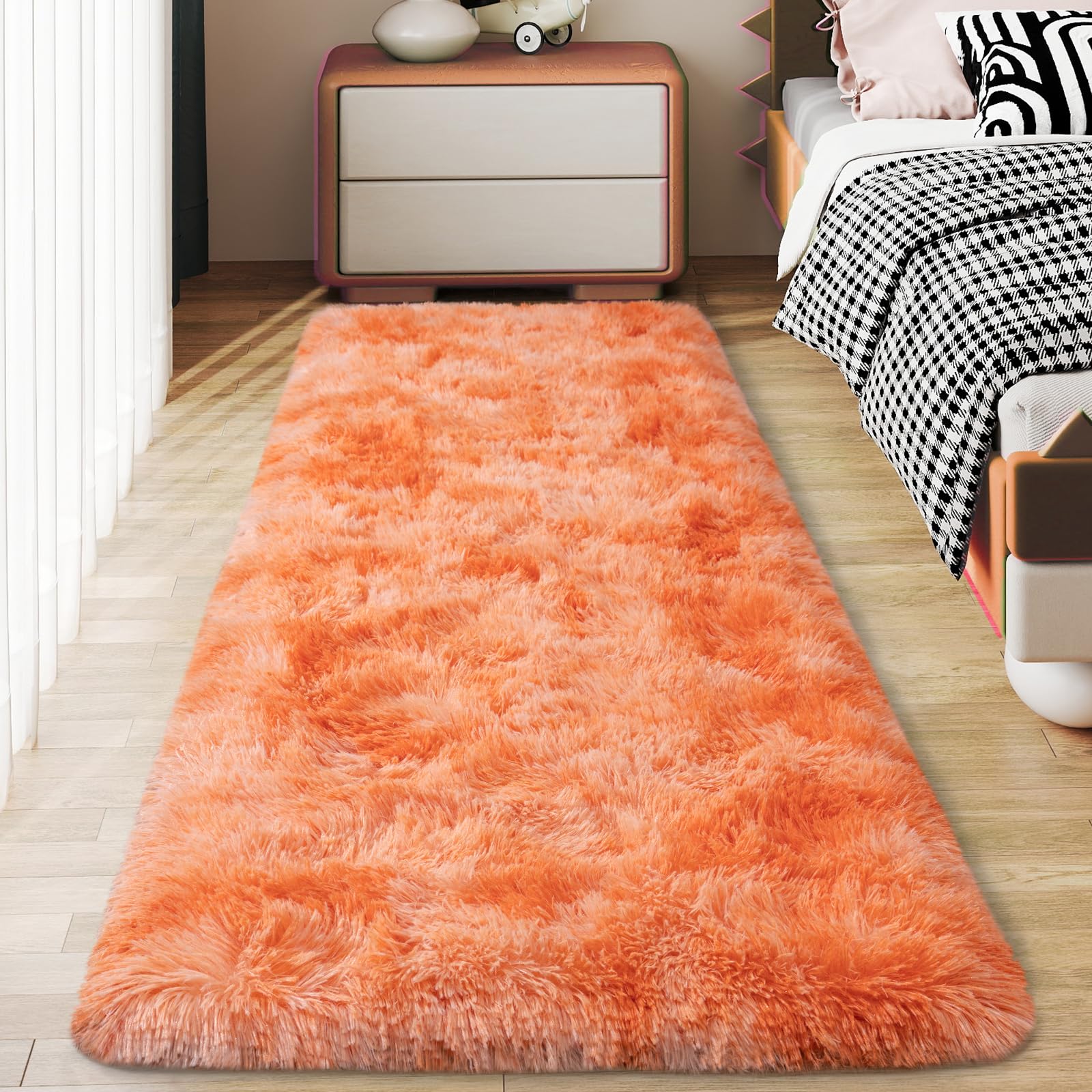 Ailyei Soft Runner Rugs for Bedroom Hallways, 2x6 Tie-Dyed Orange Fluffy Shag Throw Area Rug Non Slip for Bedside Dorm, Long Shaggy Furry Carpet for Nursery Living Room