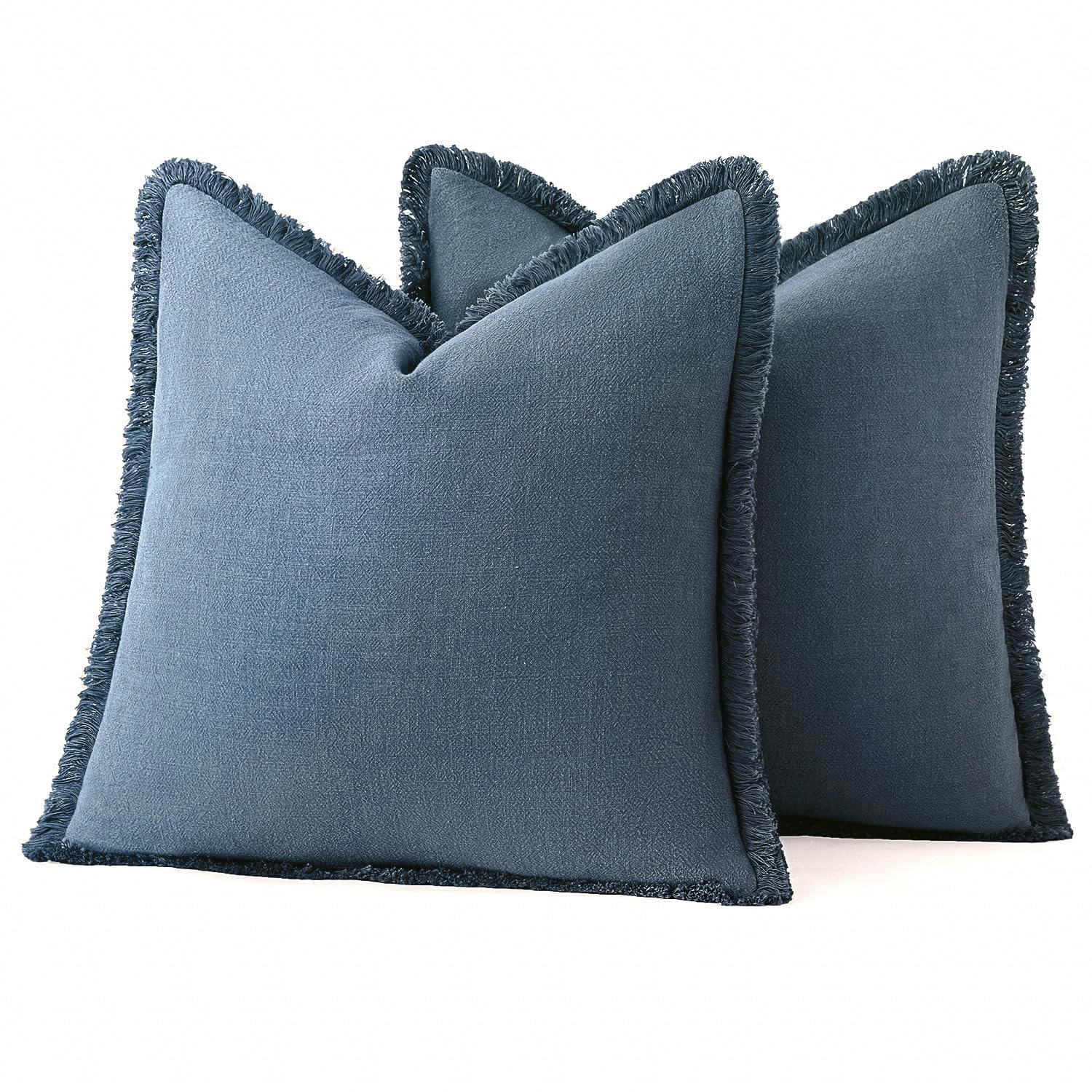 MIULEE Linen Fringe Decorative Euro Throw Pillow Covers Blue Ashes 22x22
