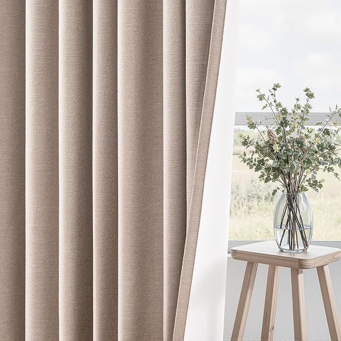 Natural Beige 95 inch bedroom living room curtains 2 Panels 100% Blackout Linen texture Curtain Drapes with Back Tab Rod Pocket Room darkening Thermal Insulated Curtains for Dining Sliding door 52x95
