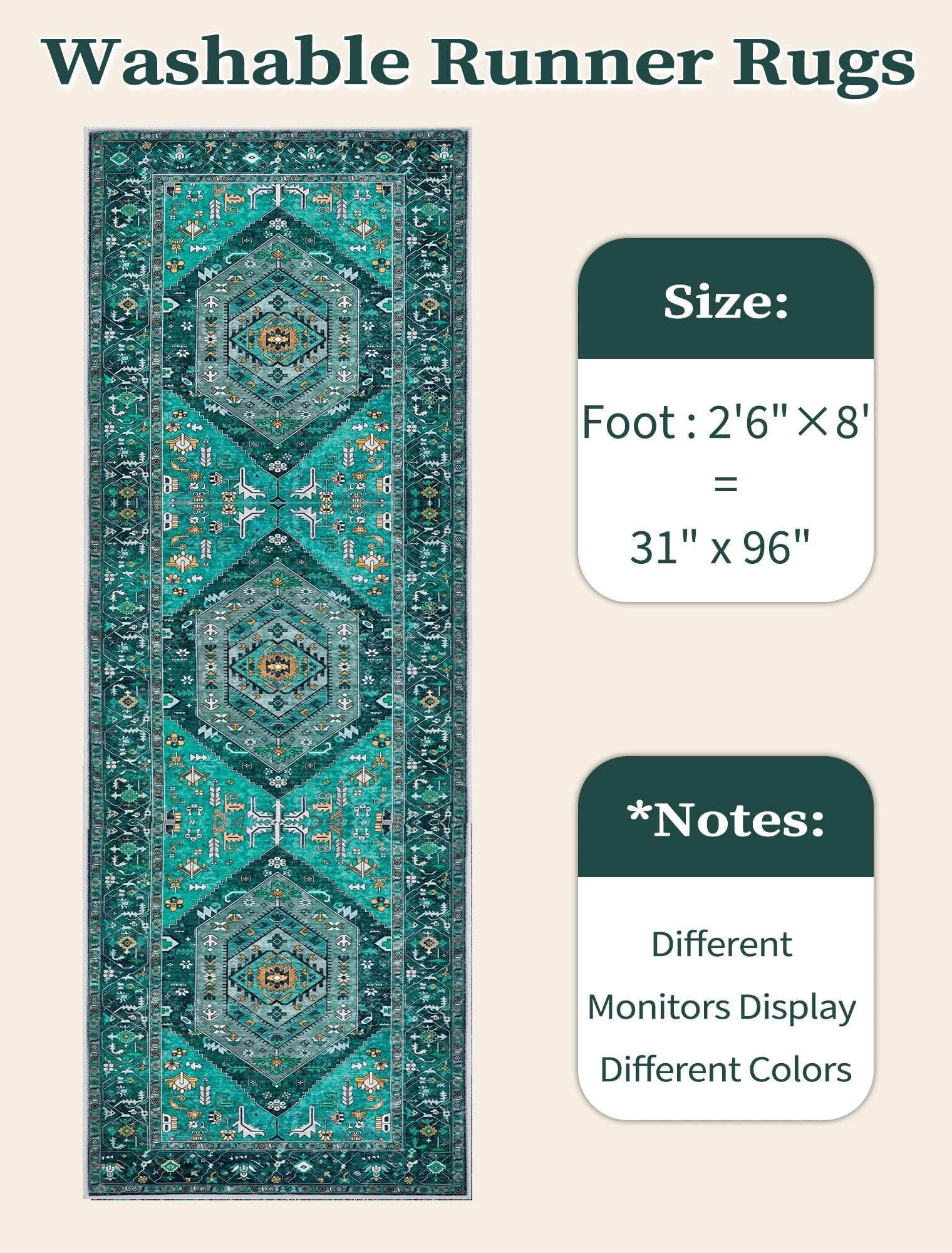 SERISSA 2'6"x8' Washable Non Slip Boho Runner Rug for Hallway，Teal
