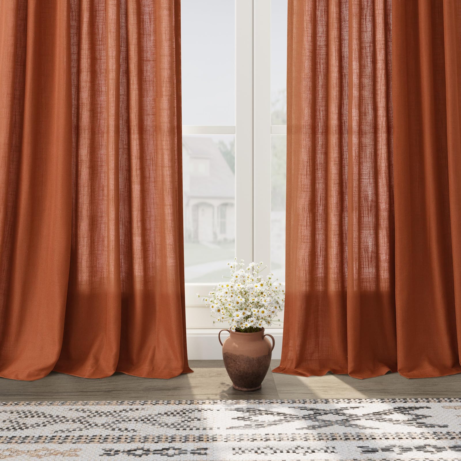 Nanspring Terracotta Linen Curtains 63 Inches Length 2 Panels for Living Room Back Tab Pocket Light Filtering Semi Sheer Drapes Cotton Linen Textured Brick Burnt Orange Window Curtain 52X63 Inch