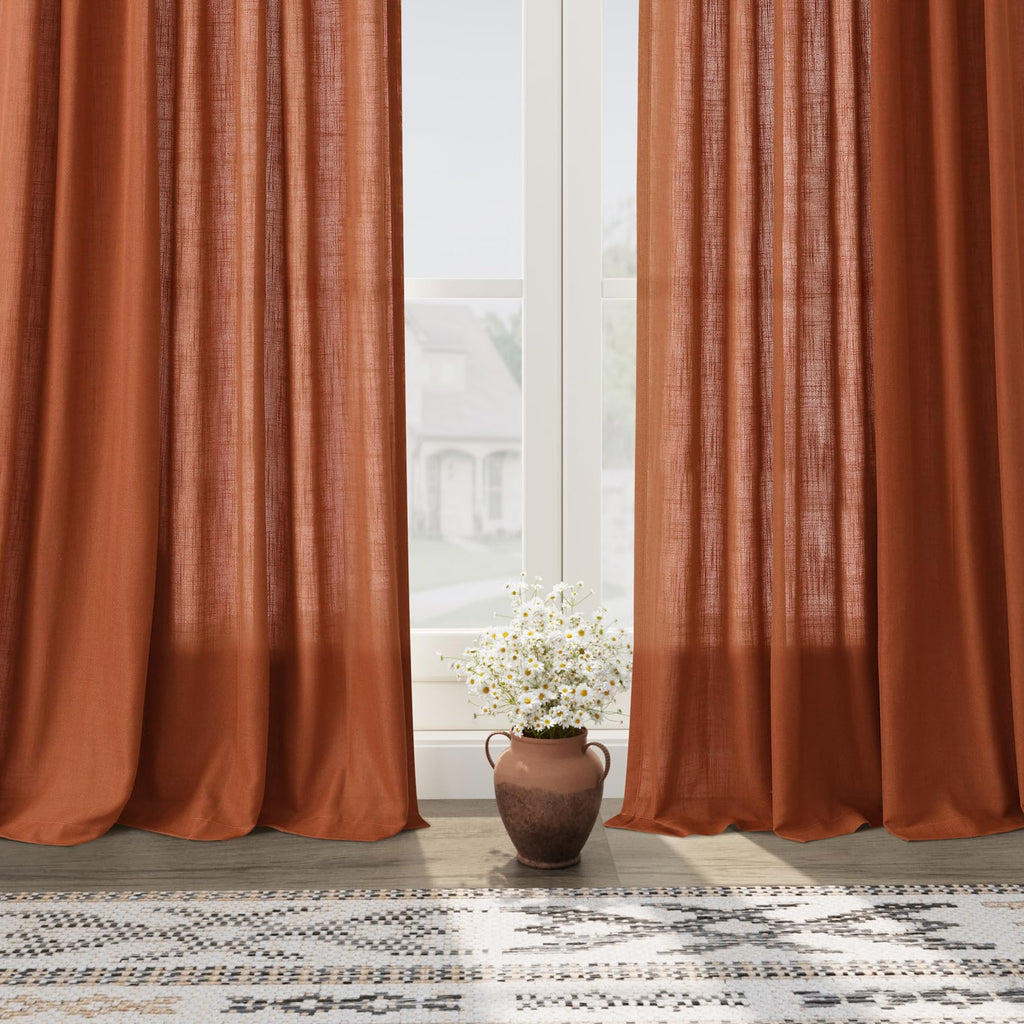 Rust Linen Curtains 90 inches Long 2 Panel Back Tab Rod Pocket Rustic Farmhouse Boho Linen Curtain for Dining Room Brick Burnt Bohemian Fall Decor Terracotta Colored Semi Sheer Curtains 90 inch Length