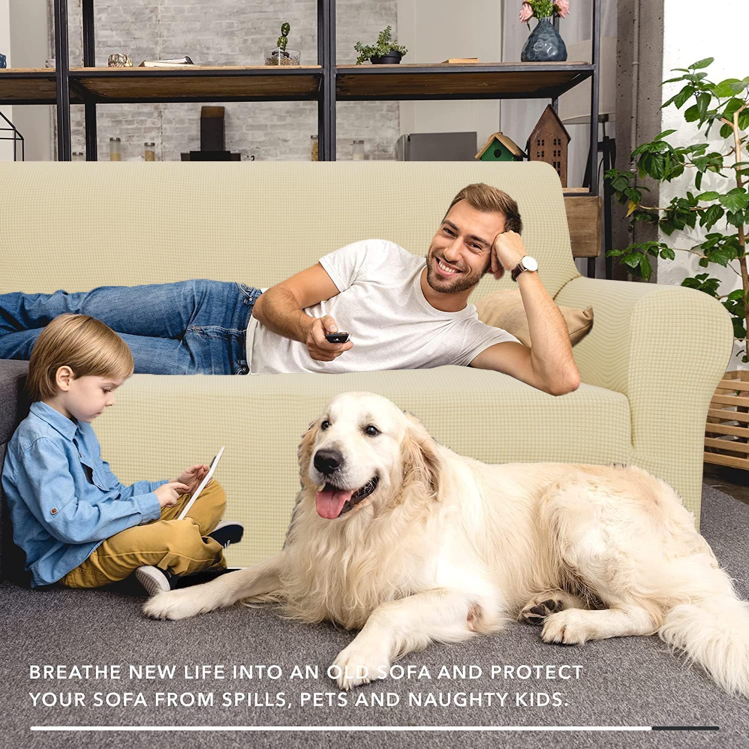 ZNSAYOTX Stretch Oversized Couch Cover Universal Sofa Covers for Living Room Dogs Pet Furniture Protector Spandex Extra Large Sofa Slipcovers with Anti Slip Foam Sticks (Beige, XL Sofa)
