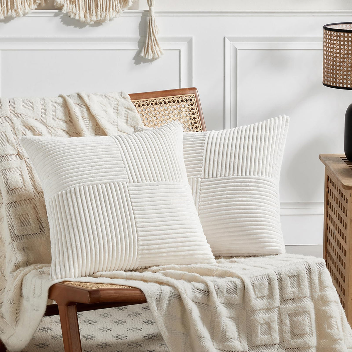 Fancy Homi 2 Packs Tan Decorative Throw Pillow Covers 22x22 Inch for Living Room Couch Bed Sofa, Rustic Farmhouse Boho Home Decor, Soft Corss Corduroy Patchwork Accent Beige Cushion Case 55x55 cm