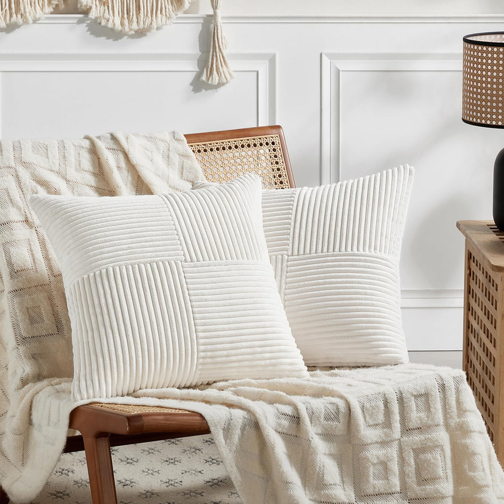 Fancy Homi 2 Packs Tan Decorative Throw Pillow Covers 18x18 Inch for Living Room Couch Bed, Rustic Farmhouse Boho Home Decor, Soft Corss Corduroy Patchwork Textured Square Beige Cushion Case 45x45 cm