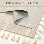 Boho Blackout Curtains 63 Inches Long Beige Linen Blend 2 Panels with Tassels and Cotton Embroidery, Farmhouse Vintage Rustic Rod Pocket Drapes for Living Room or Bedroom