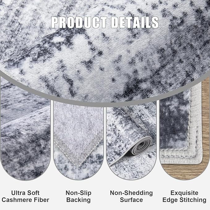 FXRHLP 2.6x8 Washable Runner Rug：Modern Abstract Kitchen Soft Carpet Grey